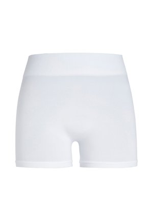 Baltas stiepjamās šortus ar plašu ribotu jostu. Gluda tekstūra un pieguļošs dizains. Nav redzamu rakstu vai piederumu detaļu.
