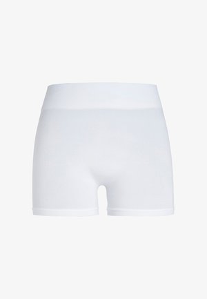 Baltos tamprios šortai su plačiu, raugtos medžiagos juosmeniu. Lygi tekstūra ir prigludęs dizainas. Nėra matomų raštų ar detalinių pakabų.