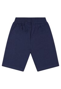 Pantaloni corti di cotone blu navy con cintura elastica, taglio a lunghezza ginocchio, texture liscia e design semplice. Senza tasche o motivi evidenti.