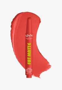 Red NYX Professional Makeup Fat Matte smooth color lipstick pencil with a swatch of matching red lipstick behind it.