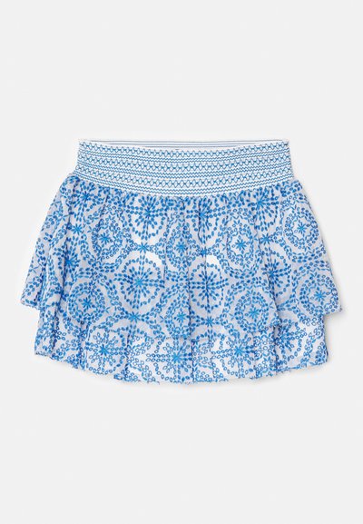 Fustă cu model albastru și alb, decorată cu volane stratificate, talie elastică cu elastic și motive florale pe întreaga țesătură.