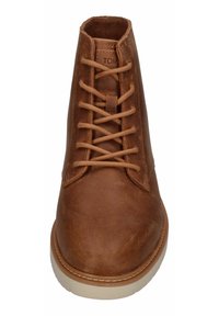 Braune Lederstiefeletten mit runder Zehenpartie, Schnürung vorne und leichtem Gummisohle. Das strukturiertes Leder hat ein mattes Finish.