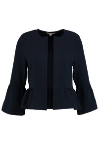 Kraftig marinblå peplumjacka i strukturerad tyg, med rund halsringning och klockärmar med ett utstickande snitt. Öppen front.