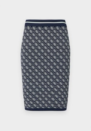Jupon en tricot bleu marine et blanc avec un motif géométrique en losanges. Il dispose d'une taille élastique rayée et d'une texture lisse.