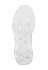 Biała podeszwa sportowego buta z teksturowaną gumową powierzchnią, z wzorem w kształcie komórek plastra miodu i rowkami zapewniającymi trakcyjność. Zawiera oznaczenia rozmiaru.