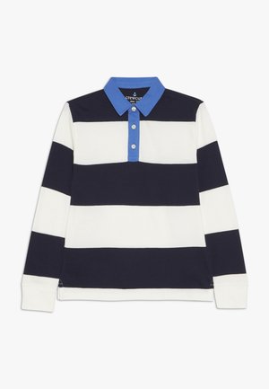 Camiseta de rugby de manga larga con franjas horizontales anchas en azul marino y blanco, cuello azul y tres botones blancos en la tapeta.