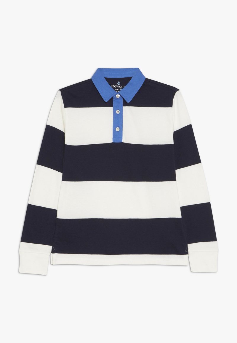 Koszulka rugby z długim rękawem w szerokie poziome paski w kolorze granatowym i białym, z niebieskim kołnierzykiem i trzema białymi guzikami na listwie.