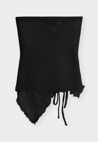 Melns strapless top ar asimetrisku apmali un auklām, izgatavots no viegla, puscaurspīdīga auduma.