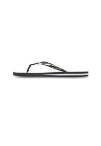 Czarne sandały japonki z wzorzystym paskiem z złotymi akcentami. Gruba podeszwa z delikatnym gradientem w różowym kolorze.