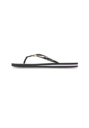 Zwarte flip-flop sandaal met een patroon op de band en gouden accenten. Dikke zool met een lichte verloopstreep in het roze.