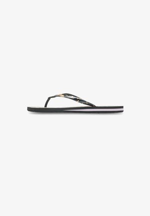 Zwarte flip-flop sandaal met een patroon op de band en gouden accenten. Dikke zool met een lichte verloopstreep in het roze.