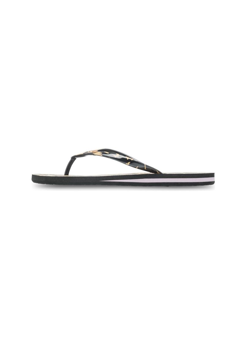 Czarne sandały japonki z wzorzystym paskiem z złotymi akcentami. Gruba podeszwa z delikatnym gradientem w różowym kolorze.