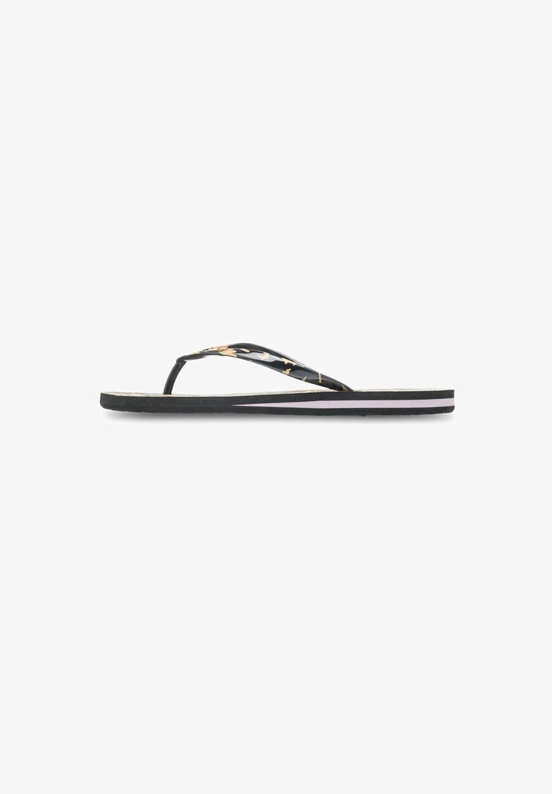 Czarne sandały japonki z wzorzystym paskiem z złotymi akcentami. Gruba podeszwa z delikatnym gradientem w różowym kolorze.