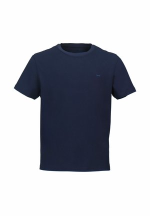 Krátke modré námornícke tričko s okrúhlym výstrihom a malým vyšívaným psím logom na ľavej strane hrudníka.