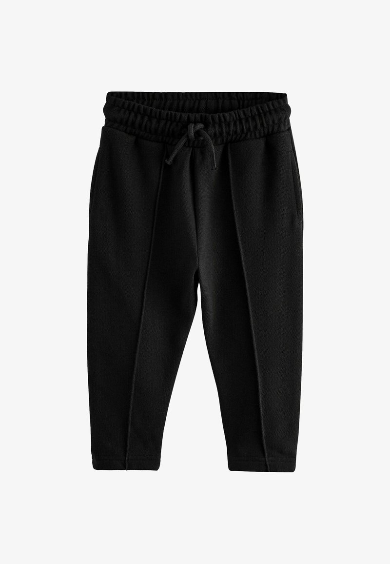 Black sweatpants made from textured fabric, featuring an elastic waist with drawstring, two side pockets, and tapered leg design.