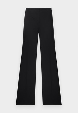 Pantalon noir taille haute à jambes larges, texture lisse, sans poches ni embellissements visibles, présenté à plat sur un fond blanc.