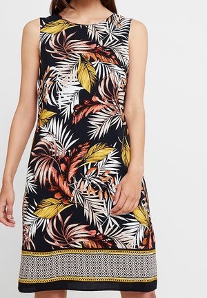 Ärmelloses knielanges Kleid mit schwarzem Hintergrund, großen tropischen Blattmustern in Gelb, Orange und Weiß sowie einem Saum mit geometrischem Muster.