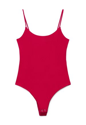 Czerwony bezrękawnik z cienkimi ramiączkami spaghetti i zapięciami na zatrzaski w kroku, przedstawiony na białym tle.