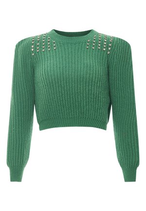 Grüner, taillierter Pullover aus strukturiertem Strickstoff. Verfügt über metallische Nieten an den Schultern und lange Ärmel mit gerippten Bündchen.