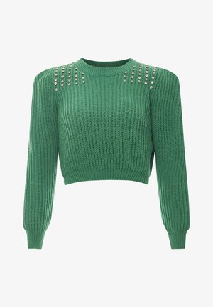 Grüner, taillierter Pullover aus strukturiertem Strickstoff. Verfügt über metallische Nieten an den Schultern und lange Ärmel mit gerippten Bündchen.