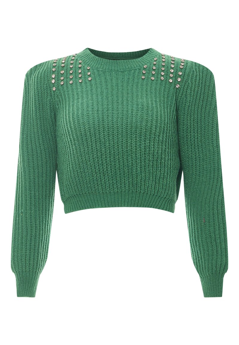 Maglione verde corto realizzato in tessuto a maglia testurizzato. Presenta borchie metalliche lungo le spalle e maniche lunghe con polsini a coste.