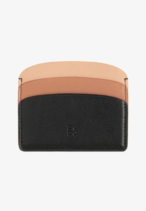 Kartenhalter aus glattem schwarzem Leder mit Schichten aus hellpfirsichfarbenem, beigem und gedämpftem rosa Leder. Kompakte Bauweise mit dezentem Branding.