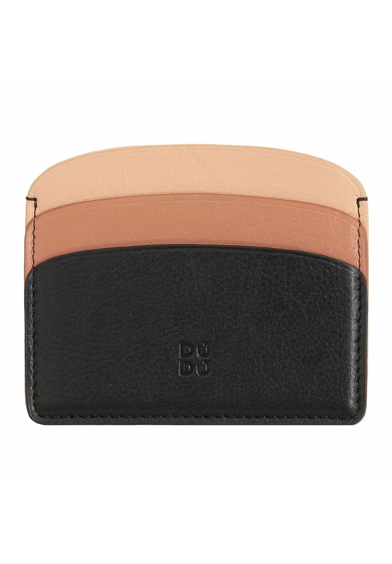 Cardholder featuring smooth black leather and layers of light peach, beige, and muted pink leather. Compact design with subtle branding.