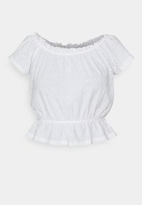 Top de algodón blanco con diseño de off-the-shoulder, escote con volantes, mangas cortas, dobladillo de peplum y patrón de ojetes en todo su alrededor.