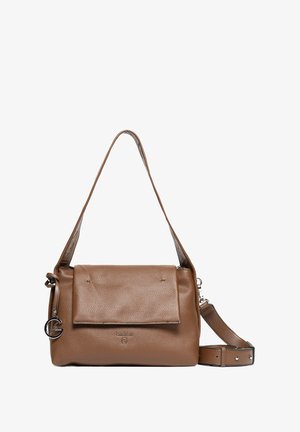Brown pebbled leather shoulder bag with a flap closure, adjustable strap, and metal hardware detail. Smooth texture with subtle branding.