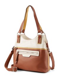 Borsa a spalla marrone e crema con tasca frontale con zip; materiale in pelle testurizzata; doppio manico con accenti marroni e gialli.