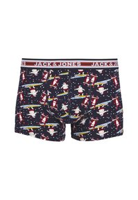 Boxers pour hommes en bleu marine avec un motif festif représentant un père Noël sur une planche de surf et des flocons de neige. Ceinture élastique avec logo.