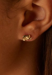 Gouden olifantenstuds met een gladde oppervlakte en ronde vormen, geplaatst op het oor van een persoon tegen een warme huidtint achtergrond.