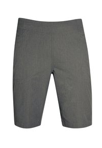 Pantaloni corti grigi realizzati in tessuto texturizzato, dotati di due tasche laterali, orlo pulito e un design a taglio dritto.