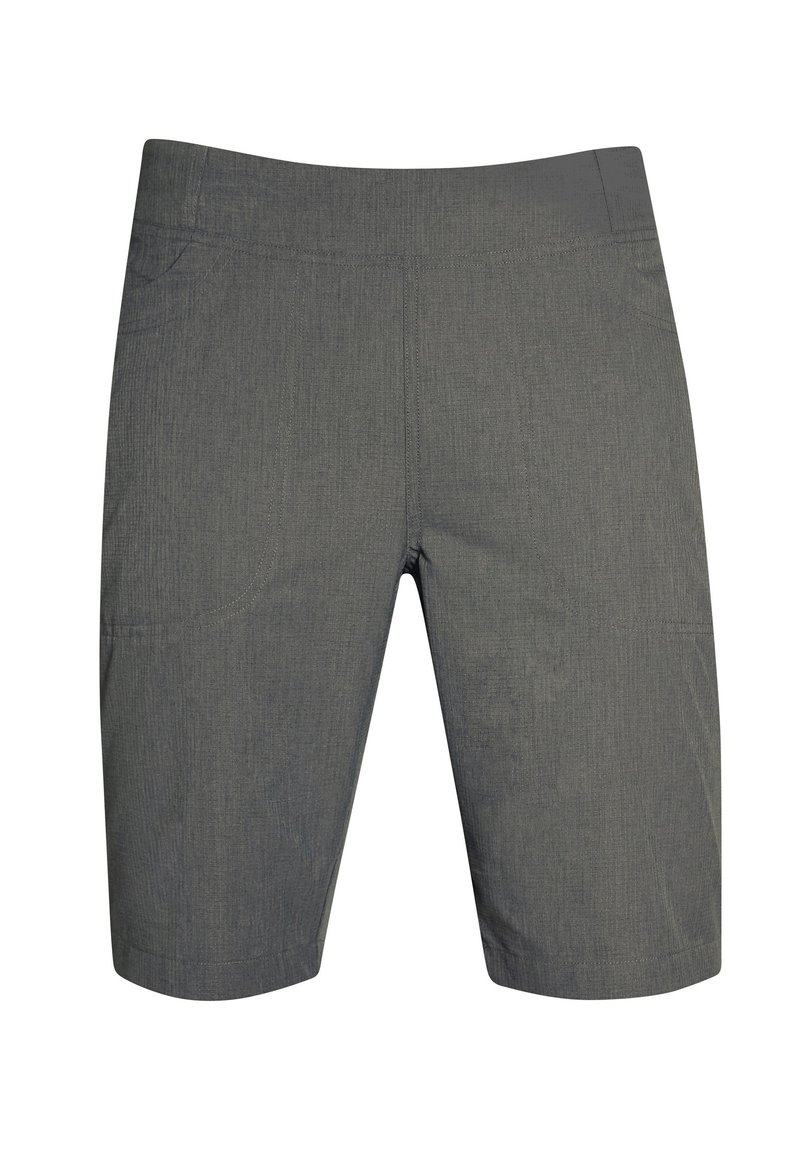 Pantaloni corti grigi realizzati in tessuto texturizzato, dotati di due tasche laterali, orlo pulito e un design a taglio dritto.