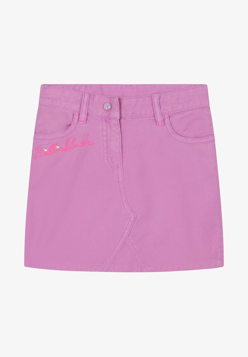 Jupe en denim rose avec poches avant, fermeture à bouton et broderie "Billieblush" en rose contrasté. Présente une coupe classique.