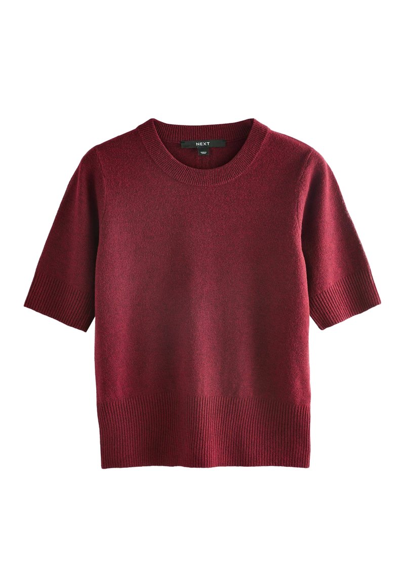 Maglione a maniche corte in punto di maglia bordeaux con polsini, orlo e scollatura a girocollo a coste, esposto su uno sfondo bianco.