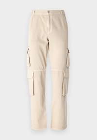 Pantalon cargo beige en coton. Doté de poches latérales, d'une coupe droite et d'une fermeture à bouton à la taille. Détails de couture simples.