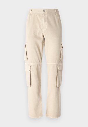 Beige cargo pants made of cotton. Features side pockets, straight leg design, and a button closure at the waistband. Simple stitching details.