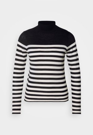 Pull en maille à col roulé rayé noir et blanc avec des manches longues. Présente une section supérieure noire unie et des rayures horizontales sur le corps.