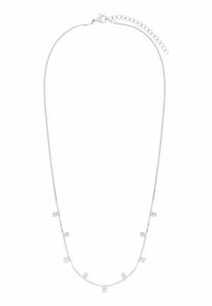Dunne zilveren kettink met kleine vierkante kristallen hangers die gelijkmatig over de ketting verdeeld zijn en een karabijnsluiting met verlengkettinkje.