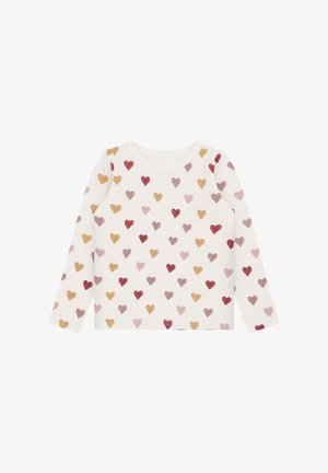 Langärmliges weißes Hemd mit mehrfarbigen roten, rosa und gelben Herzmustern, Rundhalsausschnitt und ohne sichtbare Verschlüsse oder Logos.