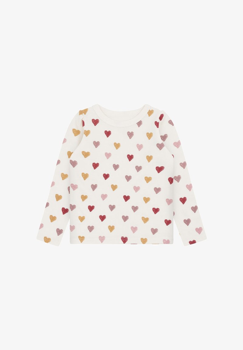 Langärmliges weißes Hemd mit mehrfarbigen roten, rosa und gelben Herzmustern, Rundhalsausschnitt und ohne sichtbare Verschlüsse oder Logos.