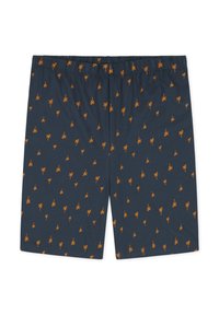 Navy blue shorts in a soft fabric, featuring an all-over pattern of small orange palm trees, with an elastic waistband.
