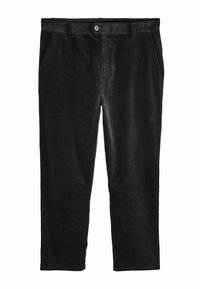 Black corduroy pants with a straight cut, featuring a button closure, side pockets, and subtle ribbed texture.