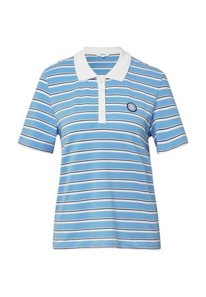 Blau gestreiftes Polohemd mit weißem Kragen, kurzen Ärmeln und einem runden Logodetail auf der linken Brust. Aus Baumwollmaterial.