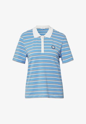 Polo rayé bleu avec un col blanc, des manches courtes et un logo circulaire sur le côté gauche de la poitrine. Matière en coton.