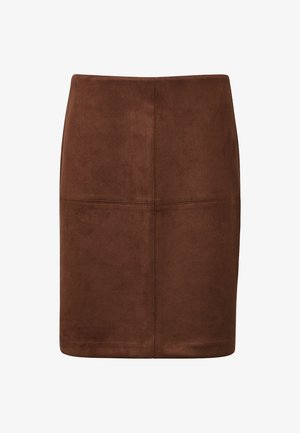 Brauner Minirock aus Wildleder mit figurbetontem Schnitt, glatter Textur und sauberen Nähten. Keine sichtbaren Metallteile oder Muster.