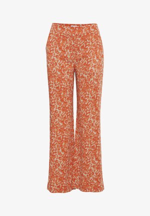 Drukāti bikses ar oranžu un bēšu ziedu rakstu. Platas kājas, vidēja augstuma jostasvieta un viegls audums. Gluda tekstūra.