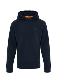 Marineblauwe fleece hoodie met een kangoeroezak, ribgebreide cuffs en een logo op de voorkant. Zachte textuur en een relaxte pasvorm. Oranje accenten binnenin de capuchon.