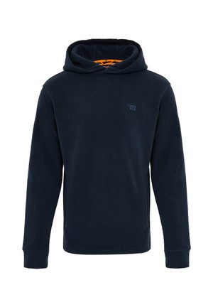 Navy fleece hoodie with a kangaroo pocket, ribbed cuffs, and a front logo. Soft texture and relaxed fit. Orange accents inside the hood.